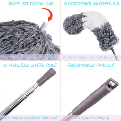 Retractable Microfiber Gap Dust Cleaner with Extension Pole Reusable Bendable Long Handle Feather Duster Kit for House Cleaning