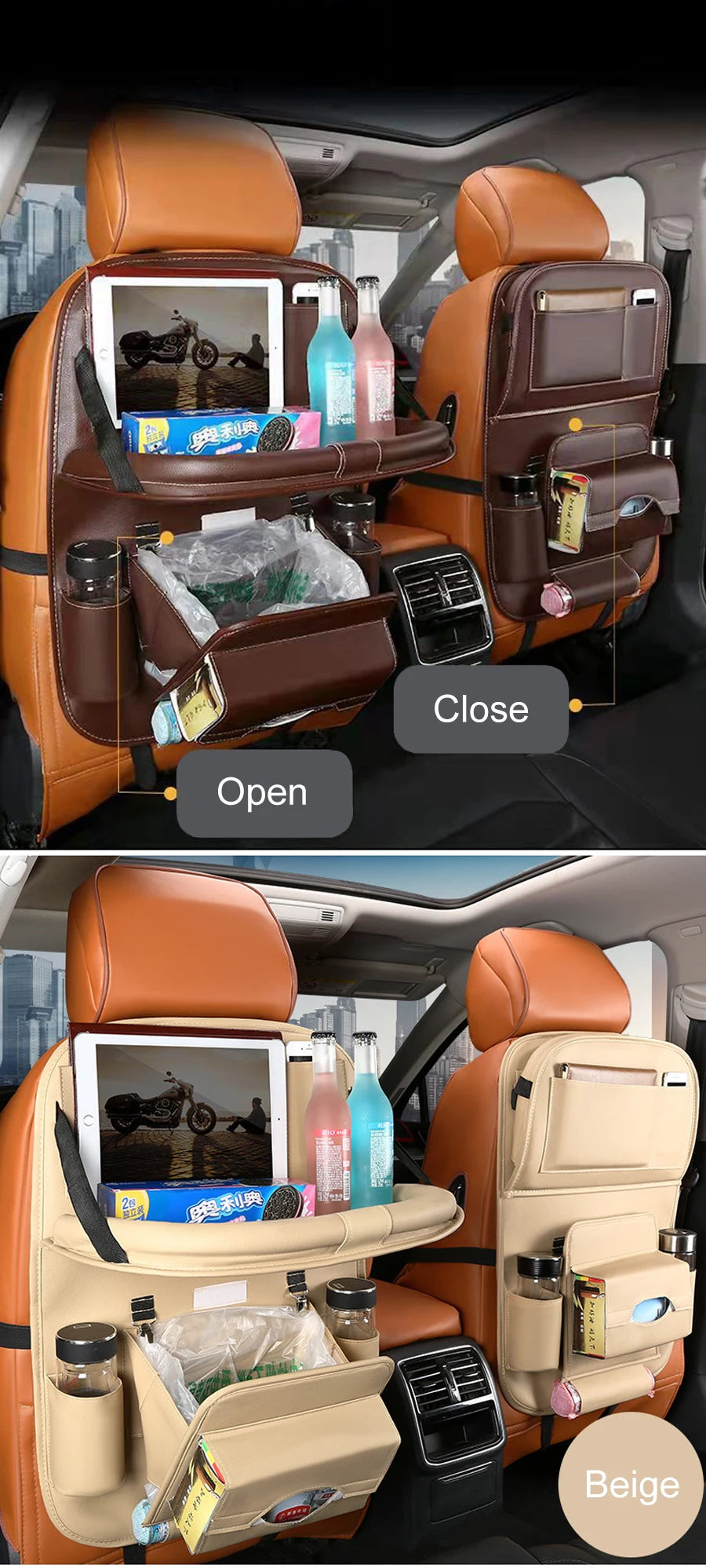 Car Seat Back Organizer with Foldable Table Tray Multi-functional Storage Organizer Pockets Kick Mats Seat Interior Accessories
