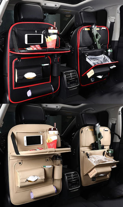 Car Seat Back Organizer with Foldable Table Tray Multi-functional Storage Organizer Pockets Kick Mats Seat Interior Accessories