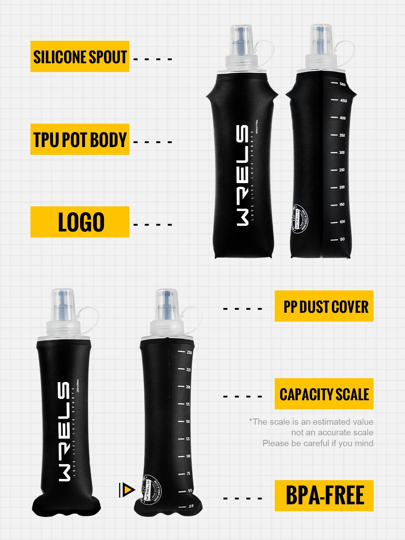 WRELS Sports Water Bottle Large Capacity Motivational Portable Water bottle Outdoor Sport Fitness BPA Free Folding Water Bottle