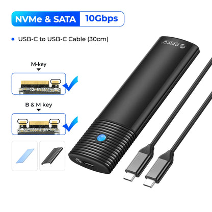 ORICO M2 NVMe SSD Enclosure 10Gbps PCIe M.2 NVMe SATA SSD Case Portable USB C 3.2Gen2 Tool Free External Adapter with Metal Heat