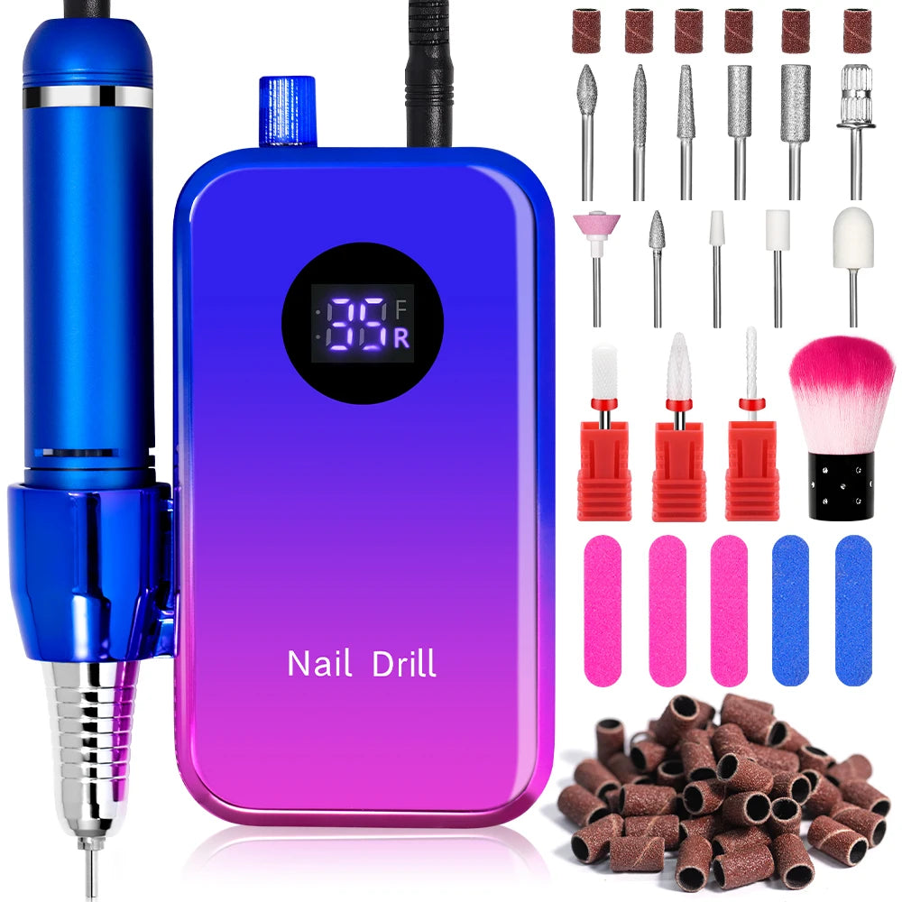 Professional 35000RPM Electric Nail Drill Rechargeable Electric Portable Nail Sander File Low Noise with Polishing Kit Tool