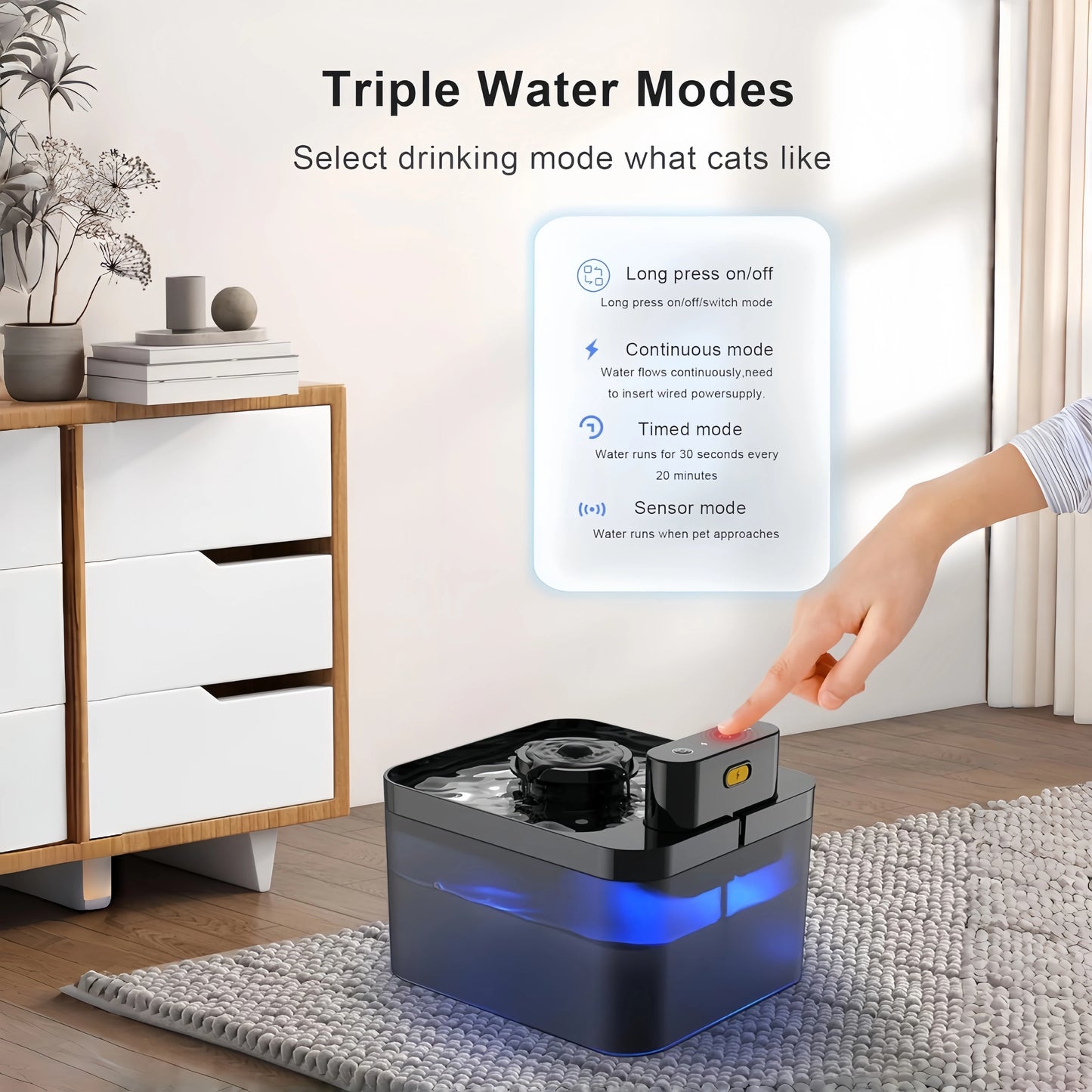 Smart Wireless Cat Water Fountain Cordless Rechargeable Battery Operated 2.2L Automatic Pet Water Dispenser with Motion Sensor