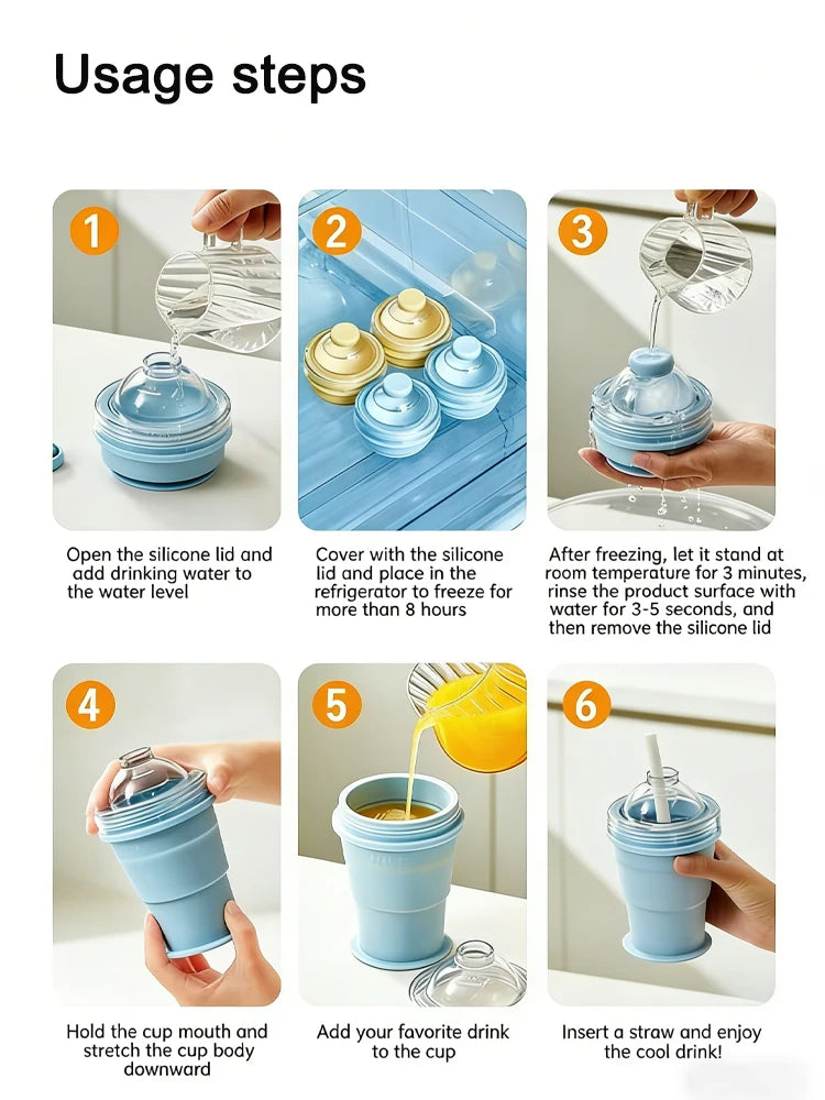 2-in-1 Portable Silicone Ice Ball Maker Cup Foldable Leak-Proof Travel Mug Kitchen Tools for Juice & Cocktails Summer Essential