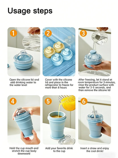 2-in-1 Portable Silicone Ice Ball Maker Cup Foldable Leak-Proof Travel Mug Kitchen Tools for Juice & Cocktails Summer Essential