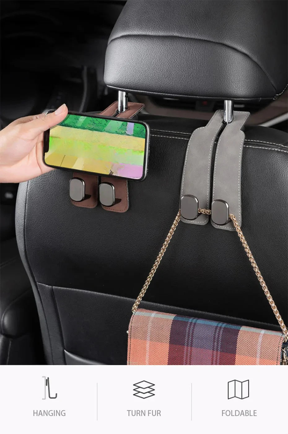 Quality Car Headrest Hook Premium Suede Rear Seat Hanging Dual Hook 20KG Large Load-Bearing Alloy Hook Hanger Universal