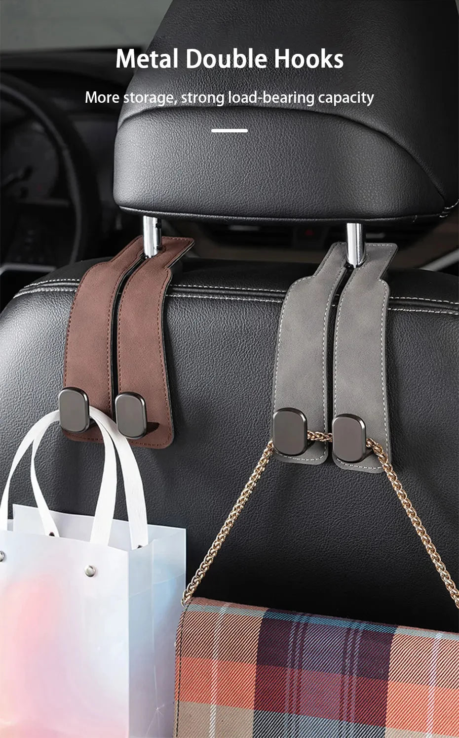 Quality Car Headrest Hook Premium Suede Rear Seat Hanging Dual Hook 20KG Large Load-Bearing Alloy Hook Hanger Universal