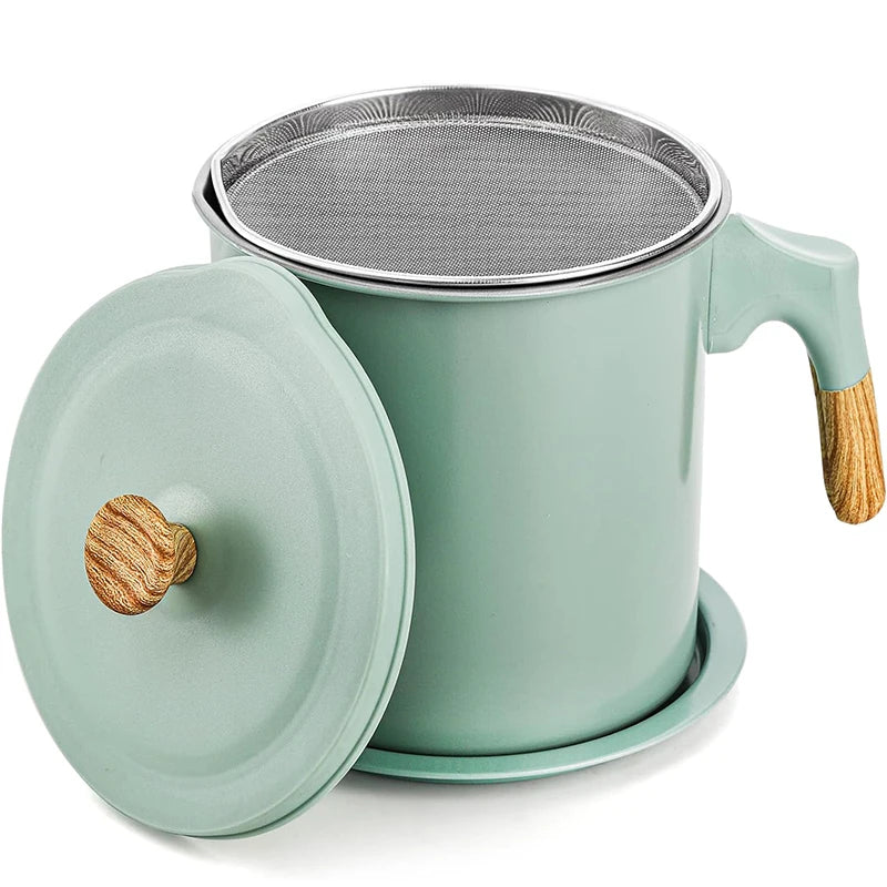 LMETJMA Bacon Grease Container with Strainer 1.4L Stainless Steel Oil Filter Pot Cooking Oil Storage Pot with Strainer JT403