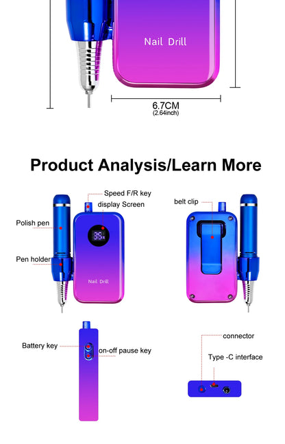 Professional 35000RPM Electric Nail Drill Rechargeable Electric Portable Nail Sander File Low Noise with Polishing Kit Tool