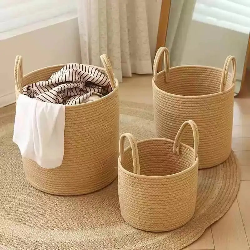 Handwoven Cotton Linen Laundry Basket with Handles, Foldable Storage Bin for Clothes, Toys, Towels, Home Organizer Bucket