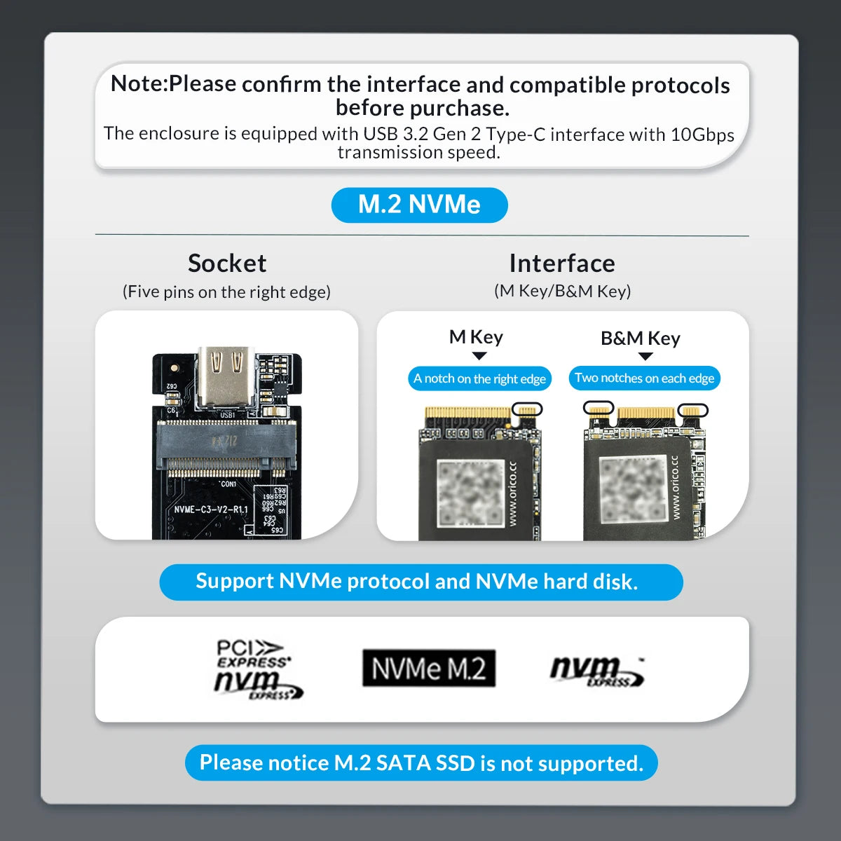 ORICO M2 NVMe SSD Enclosure 10Gbps PCIe M.2 NVMe SATA SSD Case Portable USB C 3.2Gen2 Tool Free External Adapter with Metal Heat