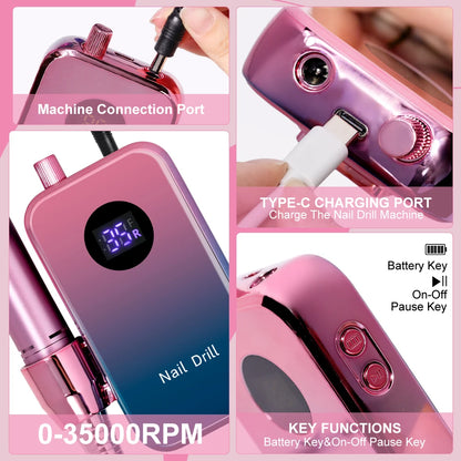 Professional 35000RPM Electric Nail Drill Rechargeable Electric Portable Nail Sander File Low Noise with Polishing Kit Tool