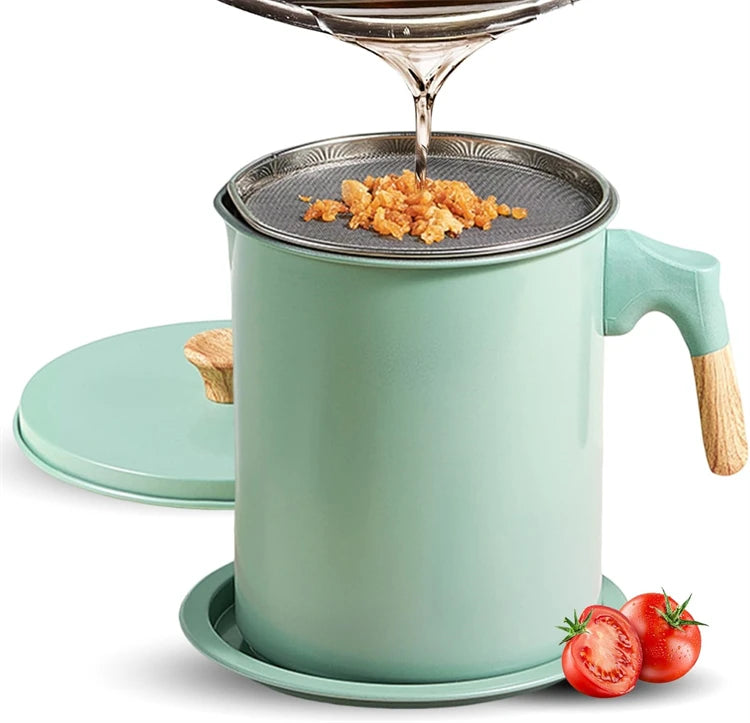 LMETJMA Bacon Grease Container with Strainer 1.4L Stainless Steel Oil Filter Pot Cooking Oil Storage Pot with Strainer JT403