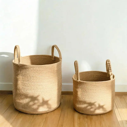 Handwoven Cotton Linen Laundry Basket with Handles, Foldable Storage Bin for Clothes, Toys, Towels, Home Organizer Bucket