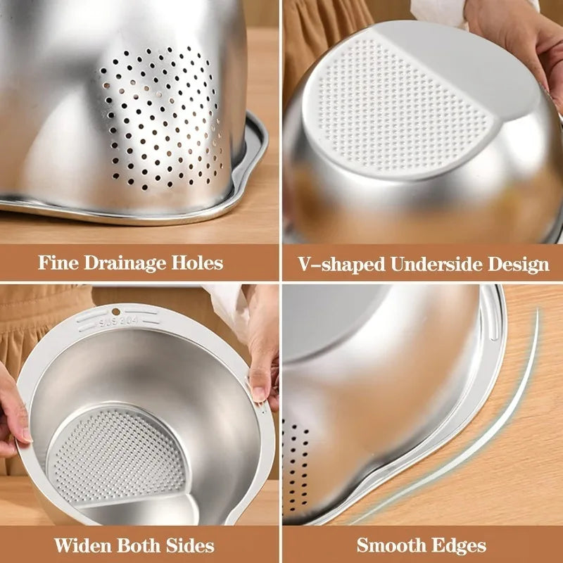 Stainless Steel Rice Bowl with Drain Hole Rice Vegetable Washing Basket Fruit Strainer Colander Basket Kitchen Drain Basket