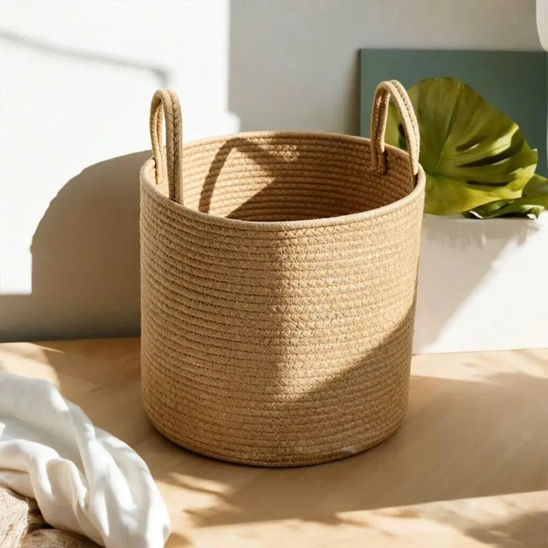 Handwoven Cotton Linen Laundry Basket with Handles, Foldable Storage Bin for Clothes, Toys, Towels, Home Organizer Bucket