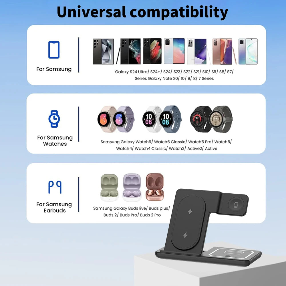3 In 1 Foldable Wireless Charger Stand LED Fast Charging Station for Samsung S25 S24 S23 Galaxy Watch 2-8 Active Buds Pro