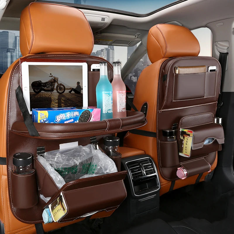 Car Seat Back Organizer with Foldable Table Tray Multi-functional Storage Organizer Pockets Kick Mats Seat Interior Accessories