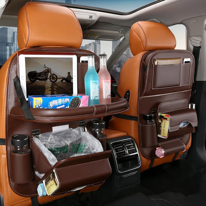 Car Seat Back Organizer with Foldable Table Tray Multi-functional Storage Organizer Pockets Kick Mats Seat Interior Accessories