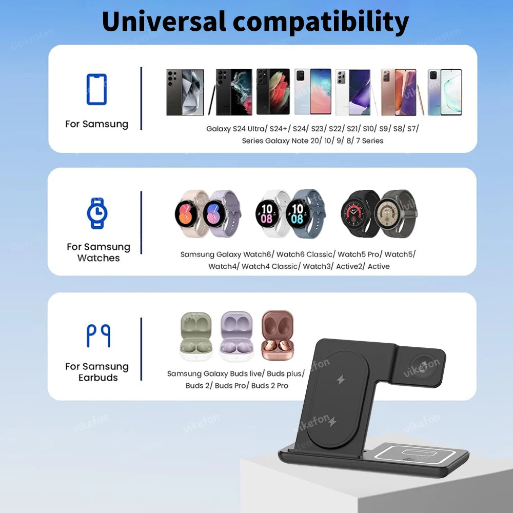 3 In 1 Foldable Wireless Charger Stand LED Fast Charging Station for Samsung S25 S24 S23 Galaxy Watch 2-8 Active Buds Pro