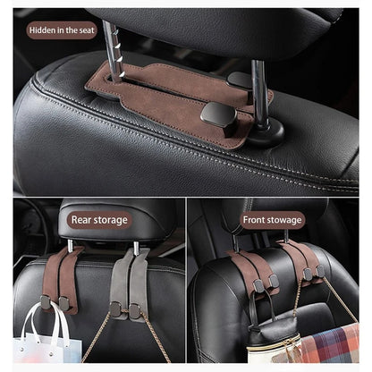 Quality Car Headrest Hook Premium Suede Rear Seat Hanging Dual Hook 20KG Large Load-Bearing Alloy Hook Hanger Universal