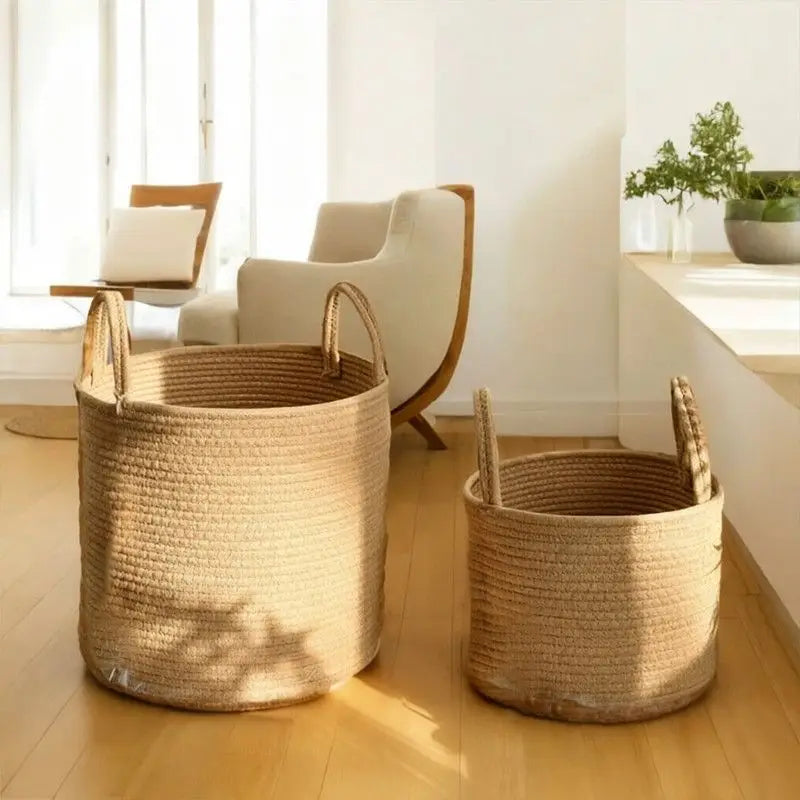 Handwoven Cotton Linen Laundry Basket with Handles, Foldable Storage Bin for Clothes, Toys, Towels, Home Organizer Bucket