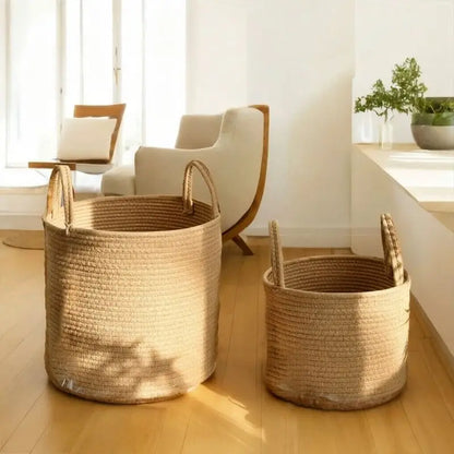 Handwoven Cotton Linen Laundry Basket with Handles, Foldable Storage Bin for Clothes, Toys, Towels, Home Organizer Bucket