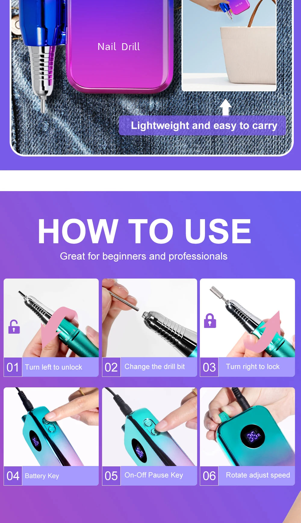 Professional 35000RPM Electric Nail Drill Rechargeable Electric Portable Nail Sander File Low Noise with Polishing Kit Tool