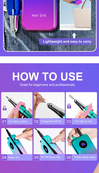 Professional 35000RPM Electric Nail Drill Rechargeable Electric Portable Nail Sander File Low Noise with Polishing Kit Tool