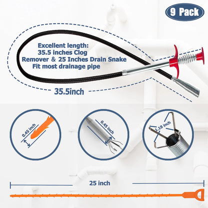 35.5in drain clog remover , 25-inch drain snake dehair remover and cleaning brush , hair catcher drain auger cleaning tool set
