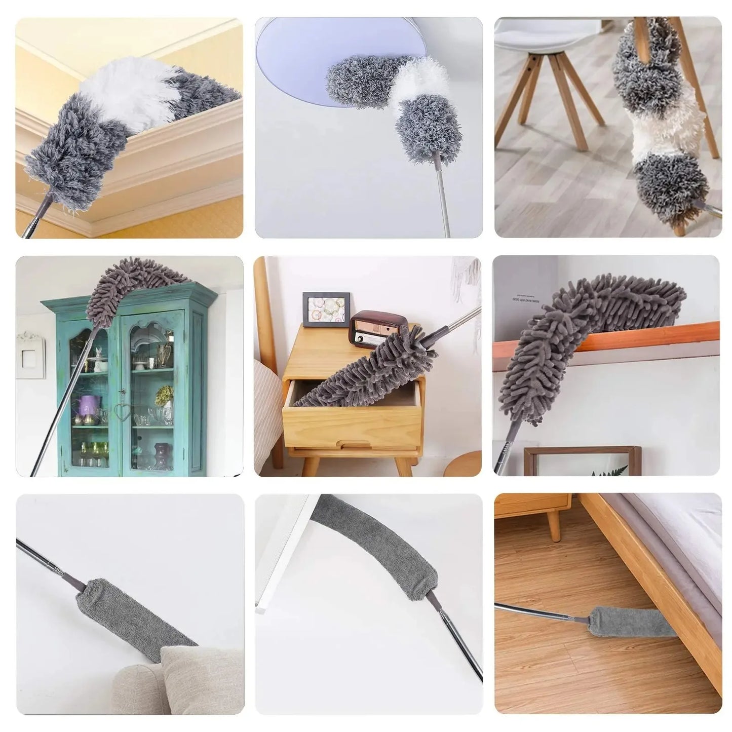 Retractable Microfiber Gap Dust Cleaner with Extension Pole Reusable Bendable Long Handle Feather Duster Kit for House Cleaning