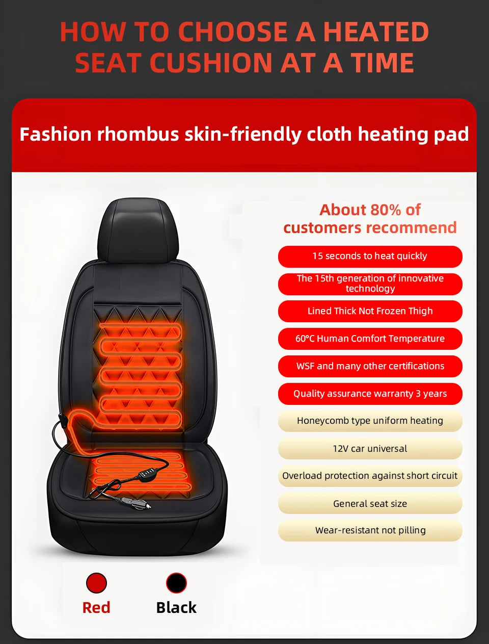 12V Universal Car Heated Seats Cushion Fast Heating Car Seat Covers Warm Winter Car Accessories Heating Pads Available Black＆Red
