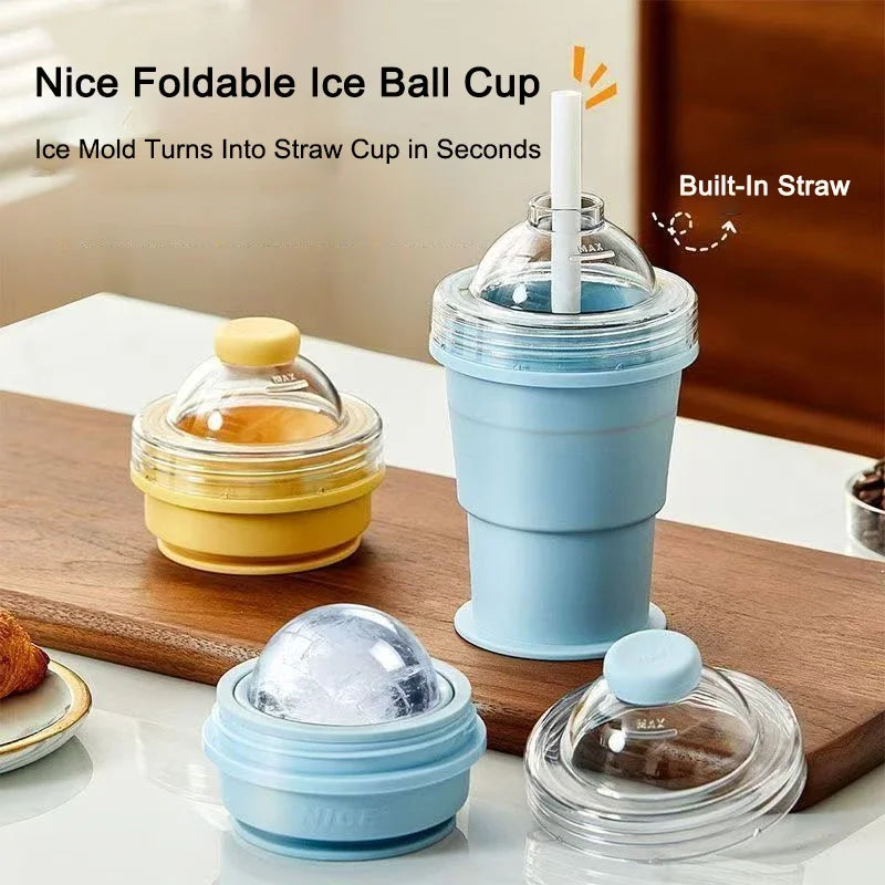 2-in-1 Portable Silicone Ice Ball Maker Cup Foldable Leak-Proof Travel Mug Kitchen Tools for Juice & Cocktails Summer Essential