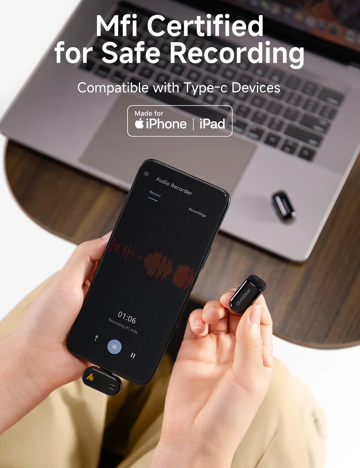 maono T1mini Wireless Lapel Microphone for Phone-Noise Cancellation Auto Clipping Function App Setting Audio Video Recording Mic