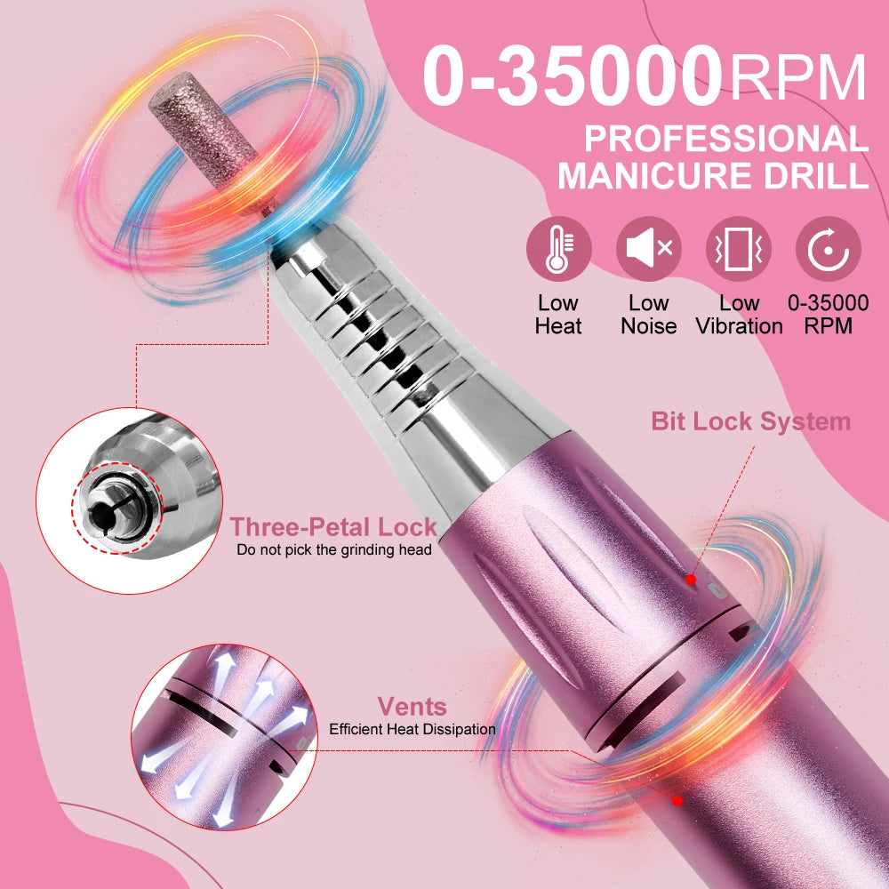 Professional 35000RPM Electric Nail Drill Rechargeable Electric Portable Nail Sander File Low Noise with Polishing Kit Tool