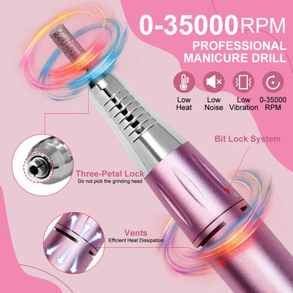Professional 35000RPM Electric Nail Drill Rechargeable Electric Portable Nail Sander File Low Noise with Polishing Kit Tool