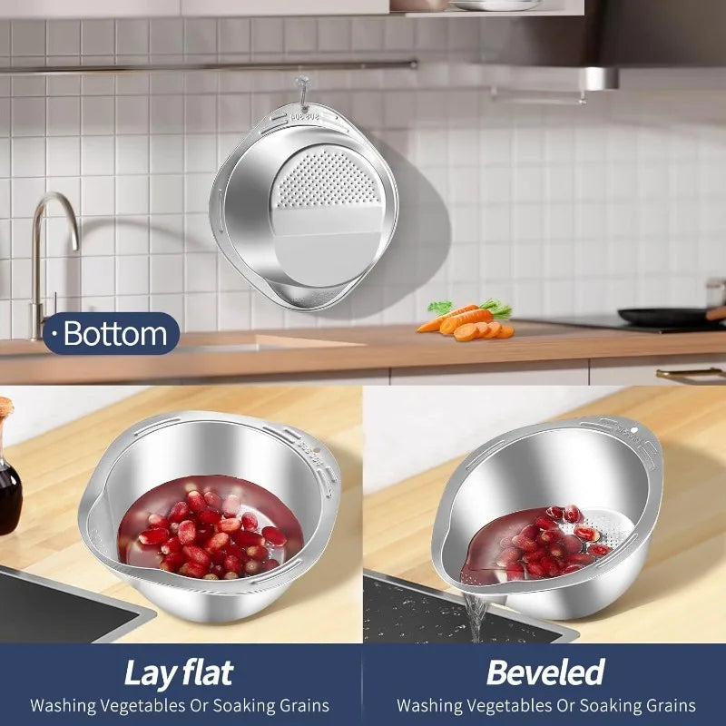 Stainless Steel Rice Bowl with Drain Hole Rice Vegetable Washing Basket Fruit Strainer Colander Basket Kitchen Drain Basket