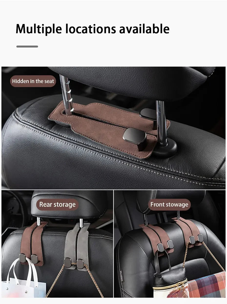 Quality Car Headrest Hook Premium Suede Rear Seat Hanging Dual Hook 20KG Large Load-Bearing Alloy Hook Hanger Universal