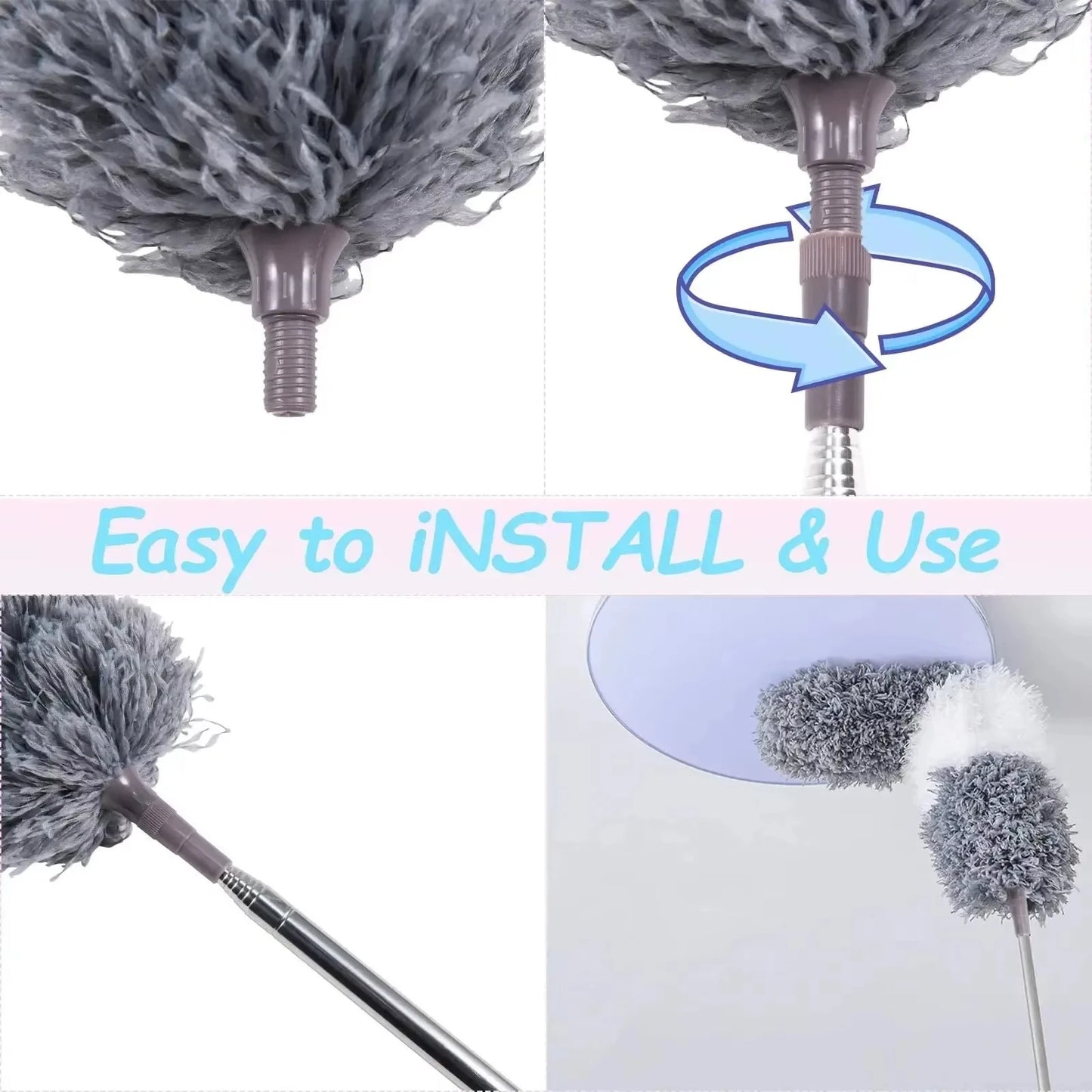 Retractable Microfiber Gap Dust Cleaner with Extension Pole Reusable Bendable Long Handle Feather Duster Kit for House Cleaning
