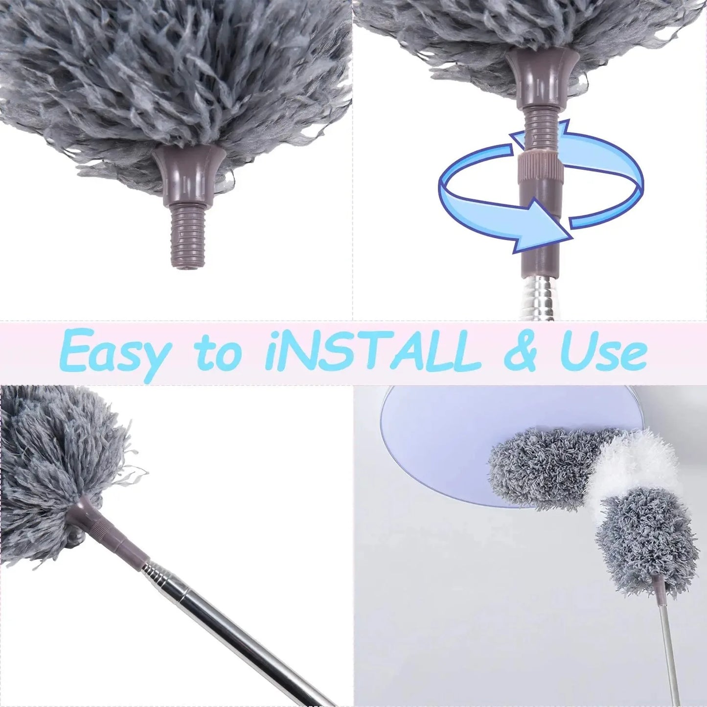Retractable Microfiber Gap Dust Cleaner with Extension Pole Reusable Bendable Long Handle Feather Duster Kit for House Cleaning