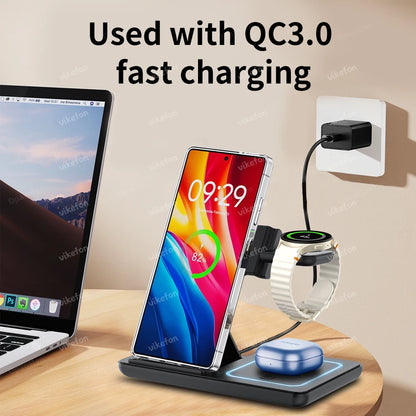 3 In 1 Foldable Wireless Charger Stand LED Fast Charging Station for Samsung S25 S24 S23 Galaxy Watch 2-8 Active Buds Pro